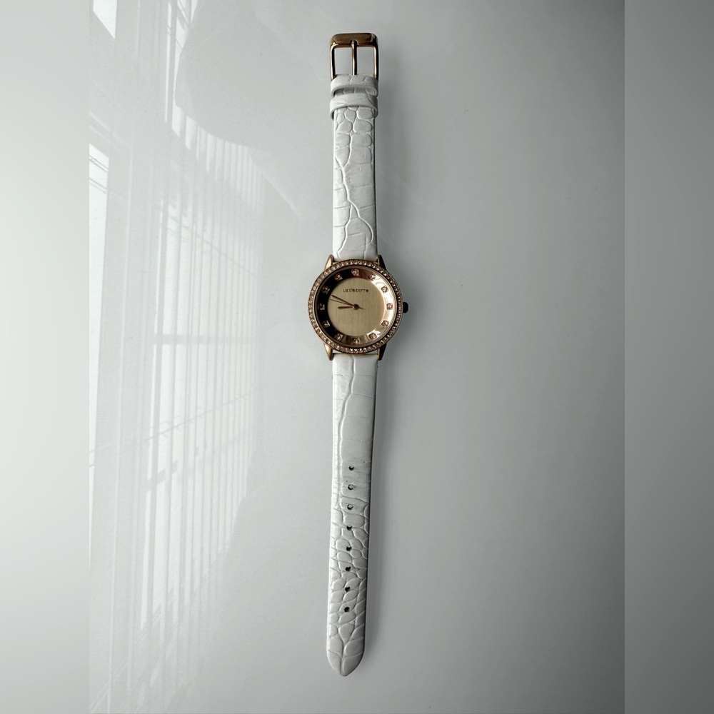 Liz Claiborne Elegant White Leather Band Gold Watch Diamond rhinestone accents